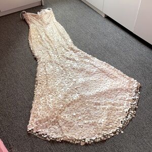 Jovani Sweetheart Mermaid w/Train. Illusion Mesh Low Back Full Sequins 4 EUC